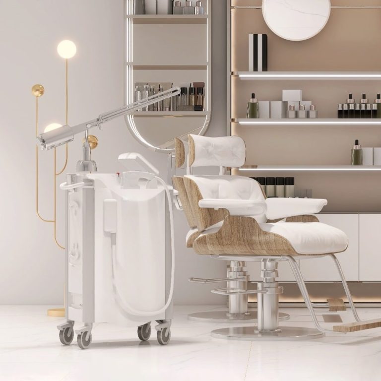 Moderne Friseurecke mit einem Stuhl, kosmetischen Geräten und stilvollen Regalen im Hintergrund.